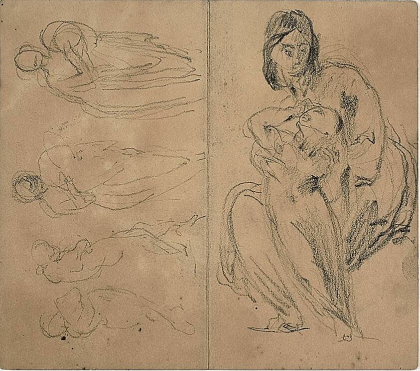 Sketches: Four Figures and Seated Mother and Child (recto); Seated Mother and Child (verso) — Jean Baptiste Carpeaux