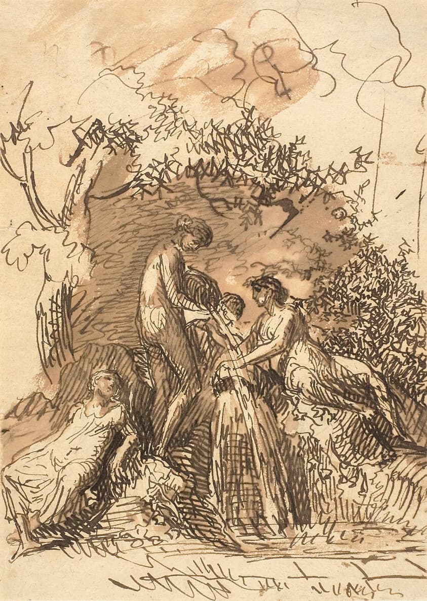 Young Girls at a Fountain (recto); Fragment of Sketch of Legs (verso) — Johann Christian Reinhart