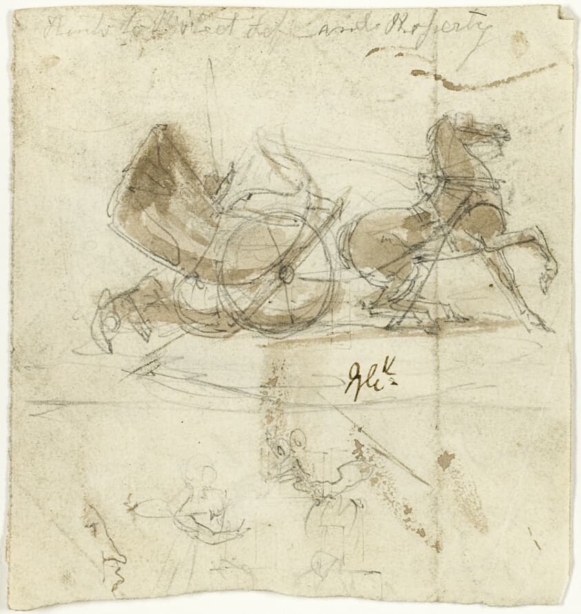 Caricature of Self (recto); Cab Thrown by a Horse, with Other Sketches (verso) — George Cruikshank
