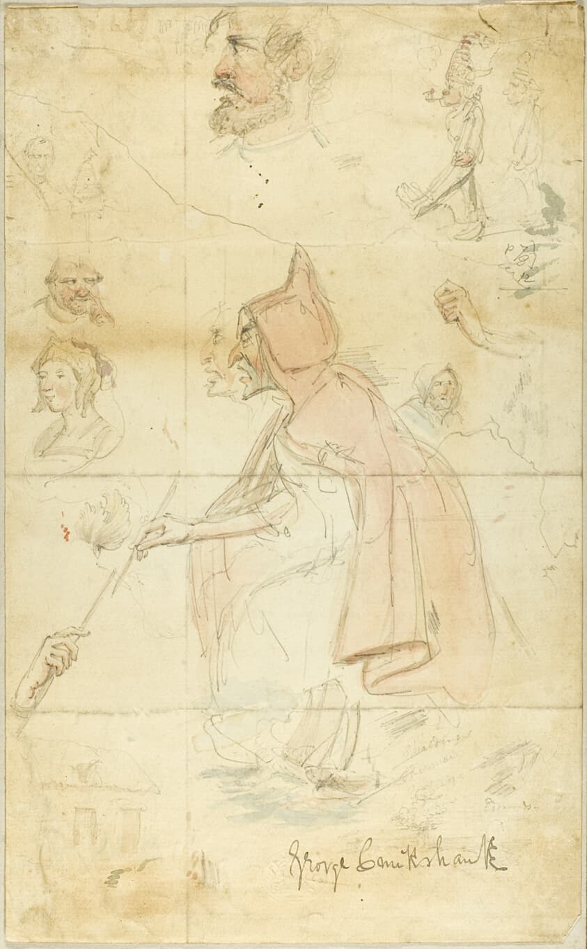Mother Shipton (recto); Sheet of Sketches: Fleur-de-Lis and Figures (verso) — George Cruikshank