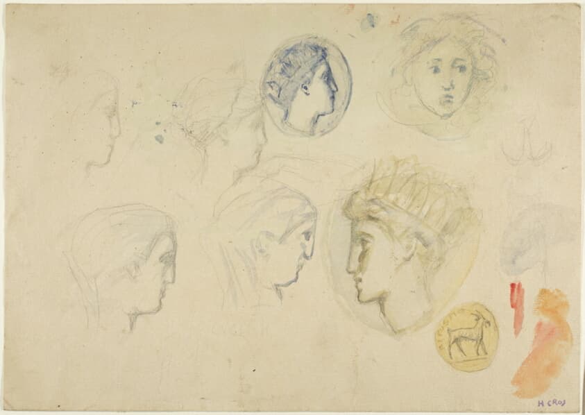 Sketches: Profile Heads, Coins or Medals (recto); Trees (verso) — Henri Cros