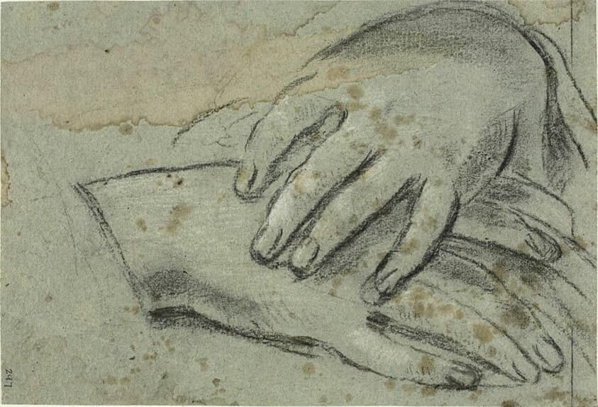 Crossed Hands (recto); Right Foot, Partially Covered by Drapery (verso) — Jacopo Cavedone