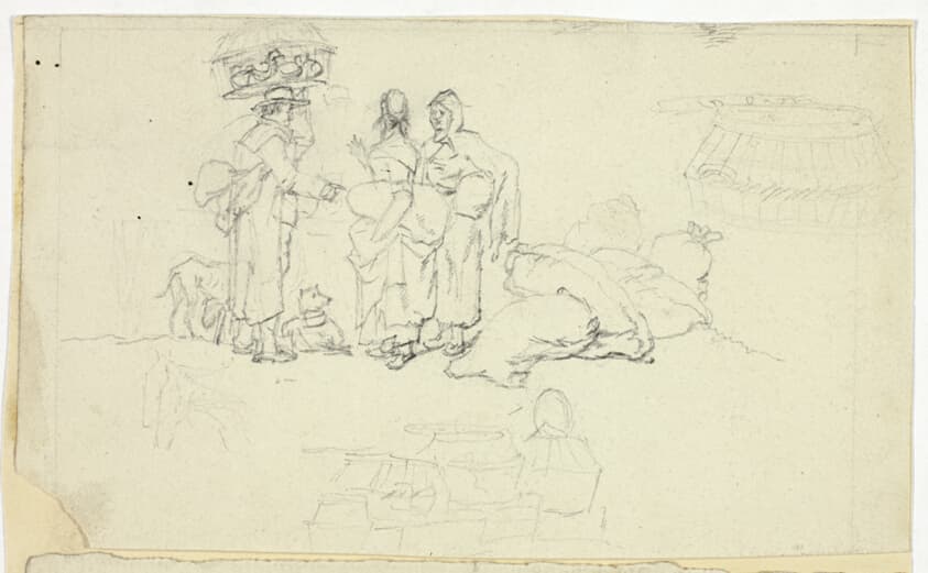 Figures with Market Goods and Three Sketches — William Henry Pyne