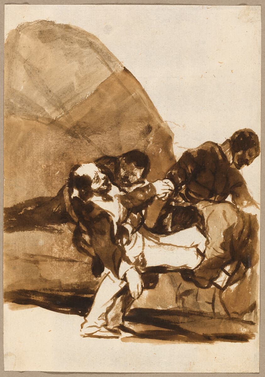 Three Men Carrying a Wounded Soldier, from the Images of Spain, Album F — Francisco José de Goya y Lucientes