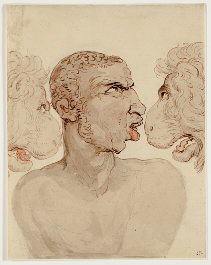 Physiognomic Study of the Head of a Man and Two Lions — Thomas Rowlandson