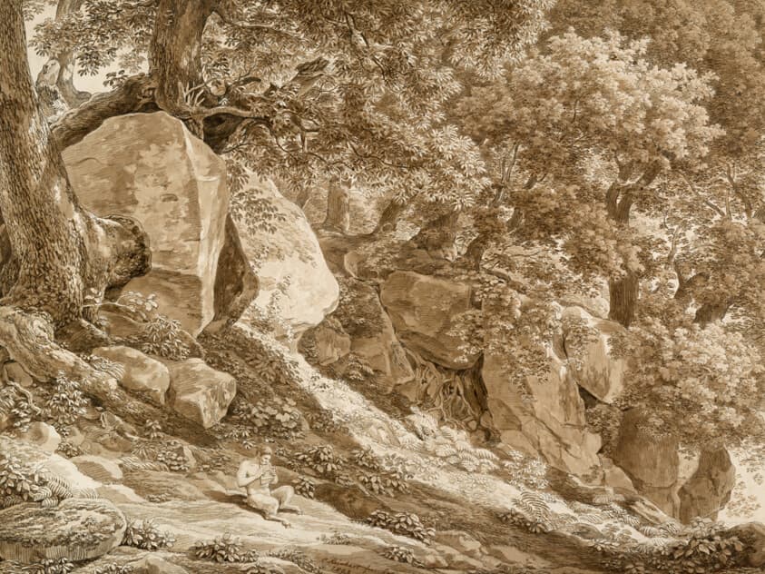 Rocky Landscape with Pan Playing His Flute (In the Park of the Villa Chigi, Ariccia) — Johann Christian Reinhart