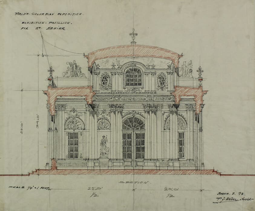 Chocolate-Menier Pavilion, World's Colombian Exposition, Chicago, Illinois, Section Sketch — Peter Joseph Weber