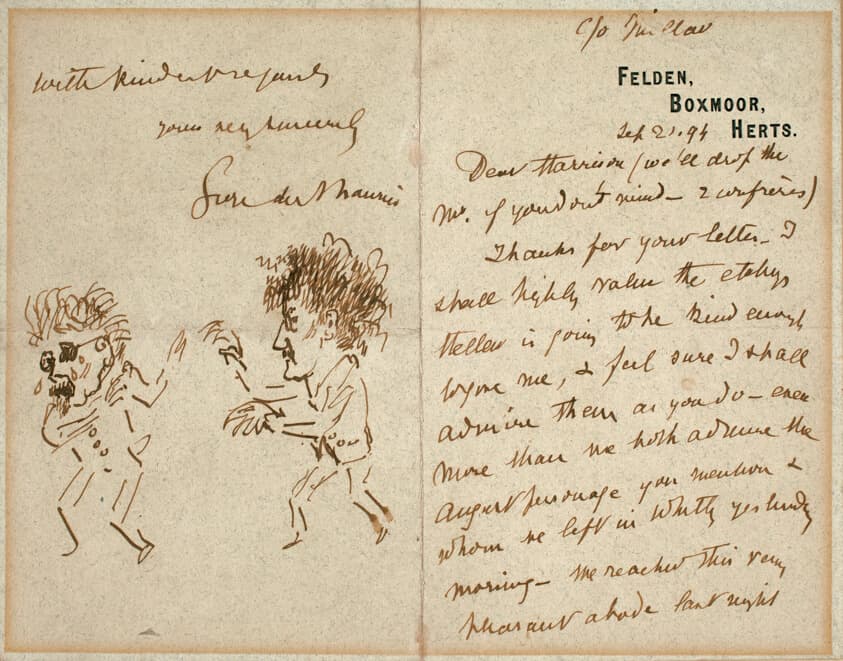 Letter with Drawing of Whistler Menacing Du Maurier — George Du Maurier