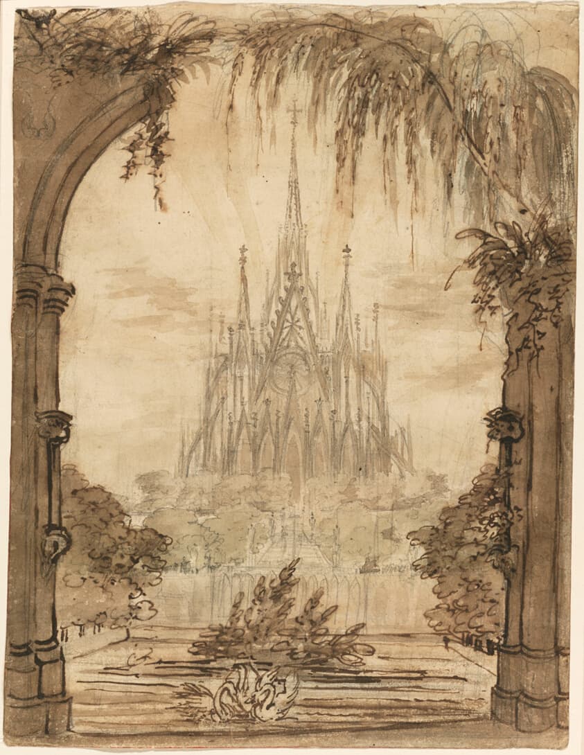 Gothic Cathedral Behind a Pond with Swans — Karl Friedrich Schinkel