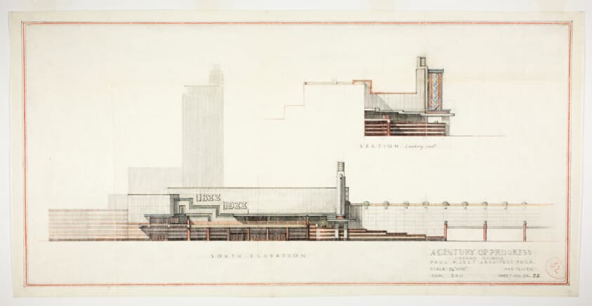 Hall of Science, Century of Progress Exposition, Chicago, Illinois, South Elevation and Section — Paul Philippe Cret