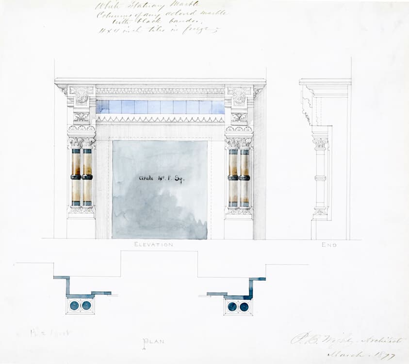White Statuary Marble Mantel Design, Elevations and Plan — Peter Bonnett Wight
