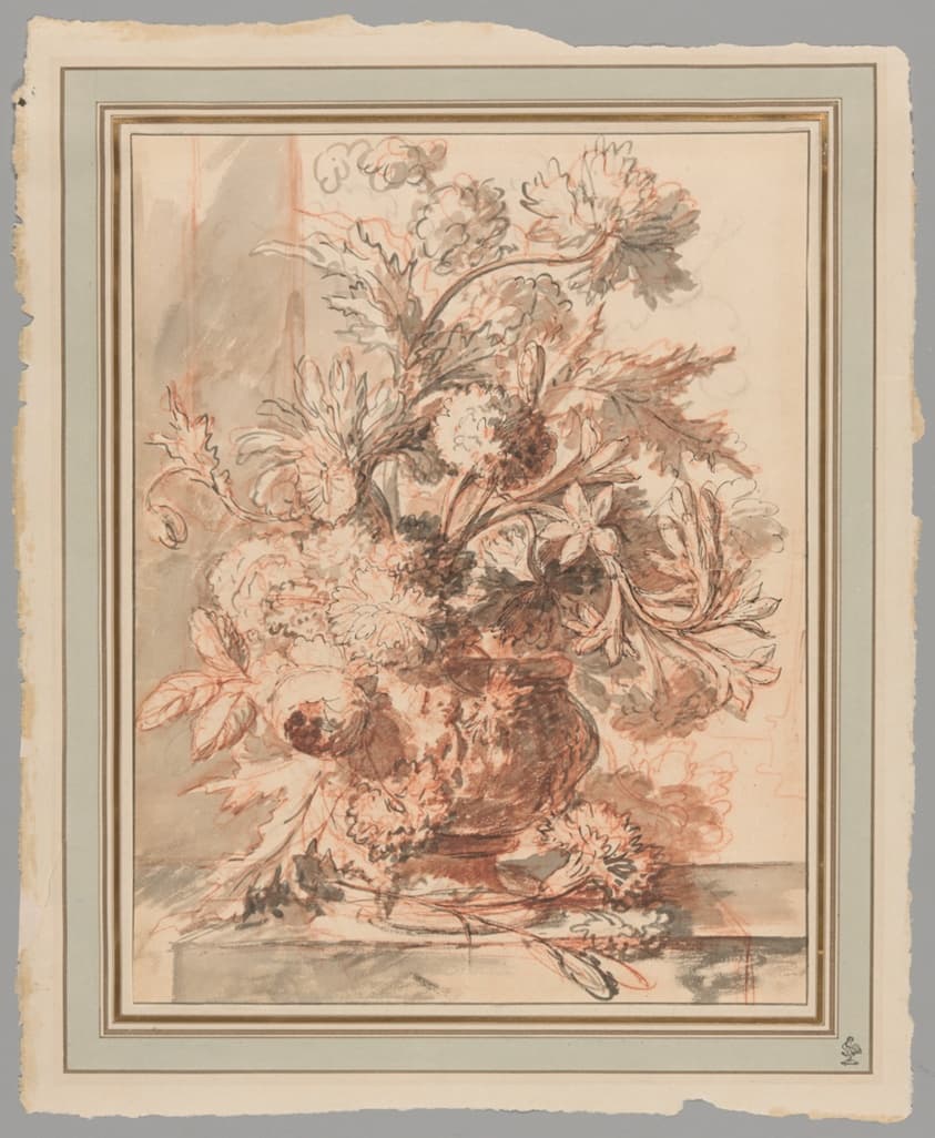 Flowers in an Urn Decorated with Putti, on a Plinth — Jan van Huysum