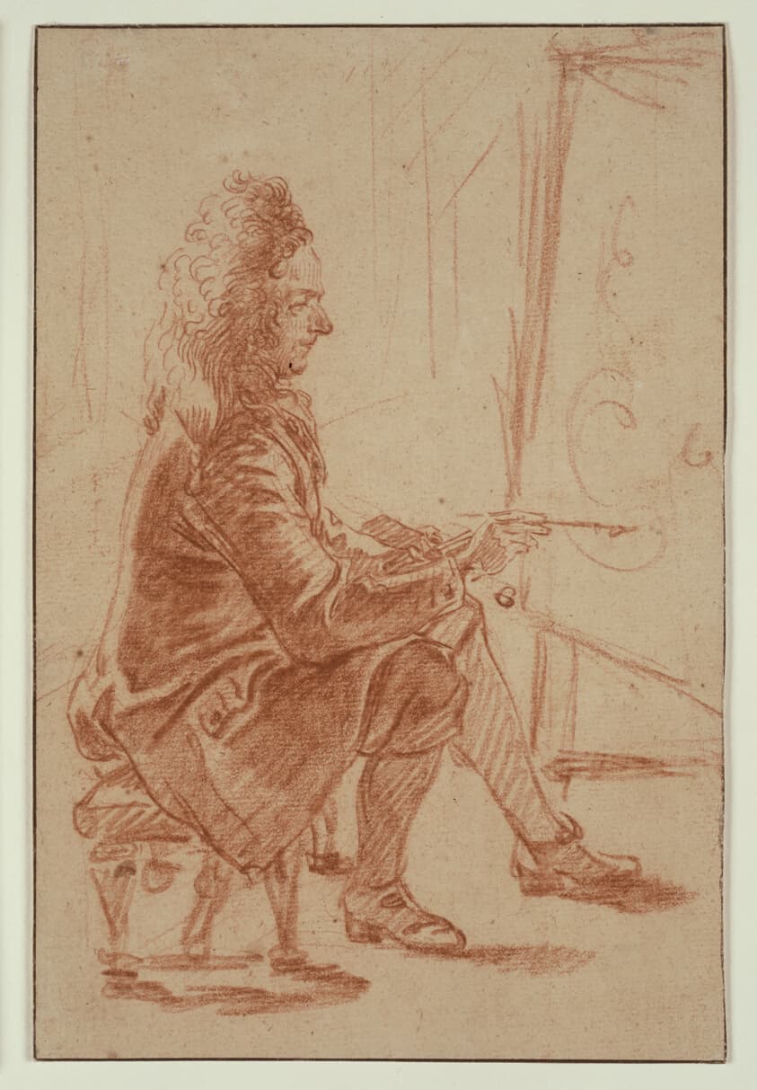 A Bewigged Painter (Possibly Claude Audran), Seated at his Easel, Seen in Profile — Jean Antoine Watteau