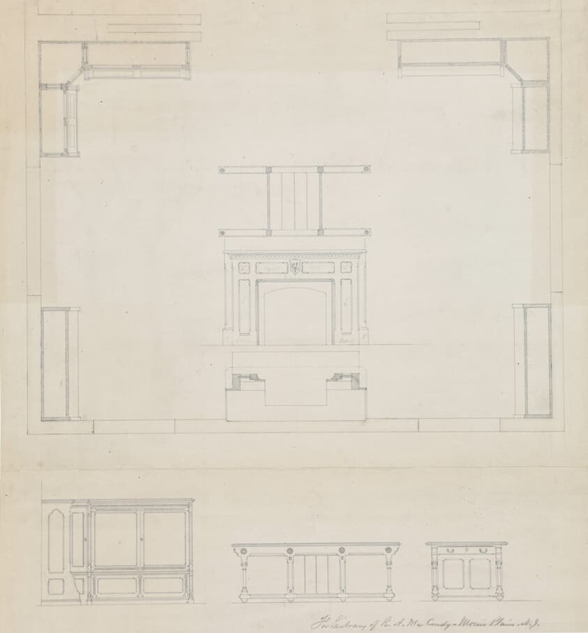 Library for R.A. McCurdy, Morris Plaines, New Jersey, Elevations of Mantel and Furniture — Peter Bonnett Wight