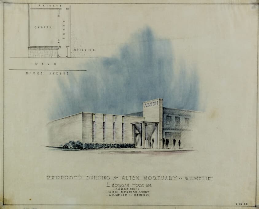 Alten Mortuary, Wilmette, Illinois, Presentation Drawing — Lloyd Morgan Yost
