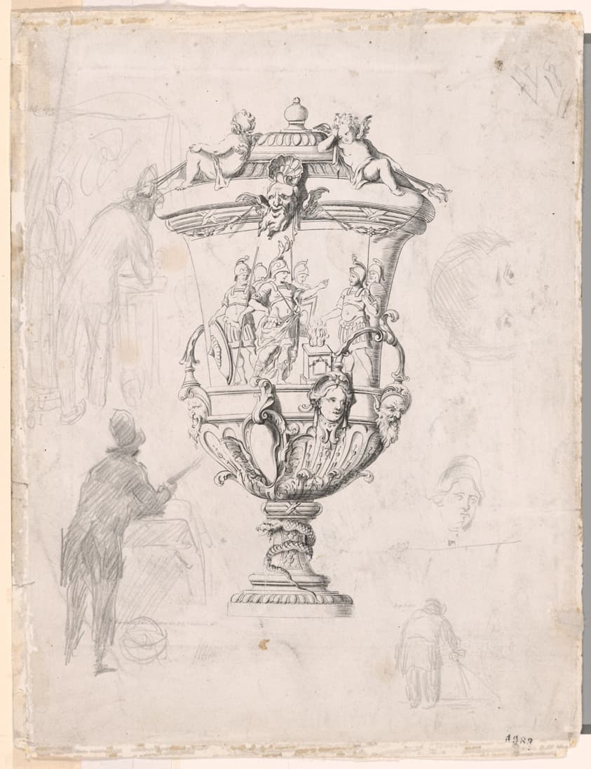 Figure Studies Over an Etching of an Ornamental Vase — Paul Cézanne