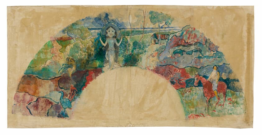 Design for a Fan Featuring a Landscape and a Statue of the Goddess Hina — Paul Gauguin