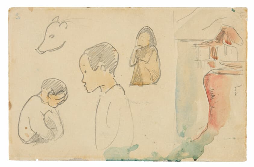 Sketches of Crouching and Standing Figures, a Pig, and a Hut at Water’s Edge — Paul Gauguin