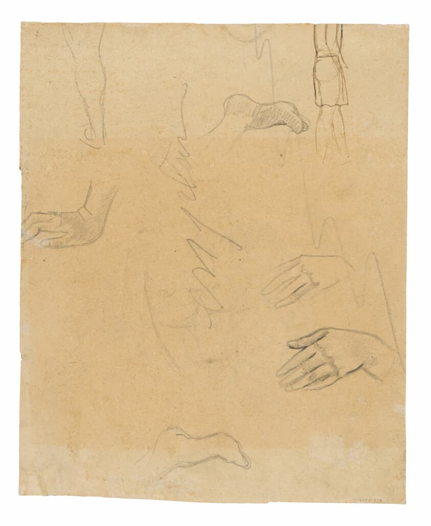 Sketches of Figures, Hands, and Feet (related to the painting Aha oe feii? [What! Are You Jealous?]) — Paul Gauguin