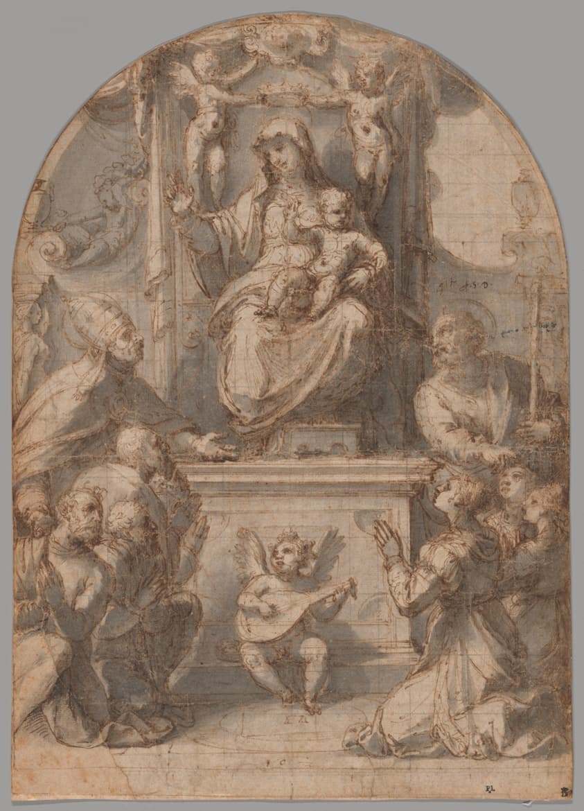 The Virgin Enthroned with Saints Gregory and James, and a Family of Donors — Perino del Vaga