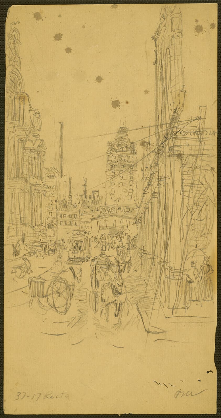 Street Scene with Carriages and Tram (recto); Horse and Carriage Studies (verso) — John Marin