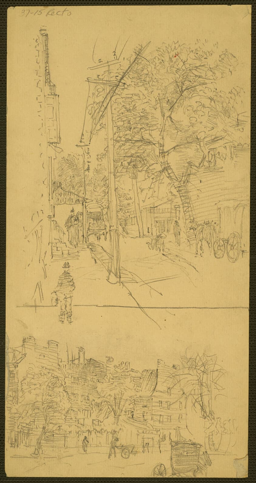 Tree-Lined Street (top); Street Scene with Figures (bottom); Figure Studies (verso) — John Marin