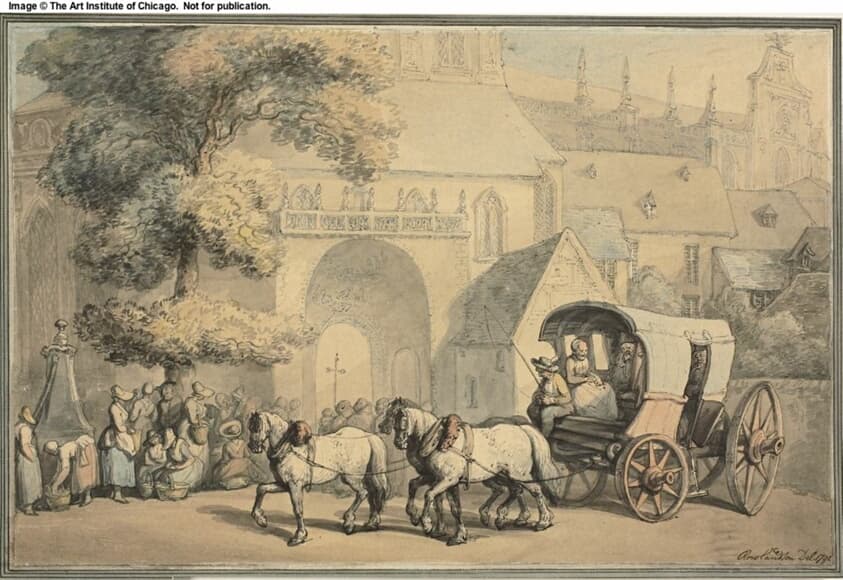 Postcart Monks and Women Near Church Door — Thomas Rowlandson
