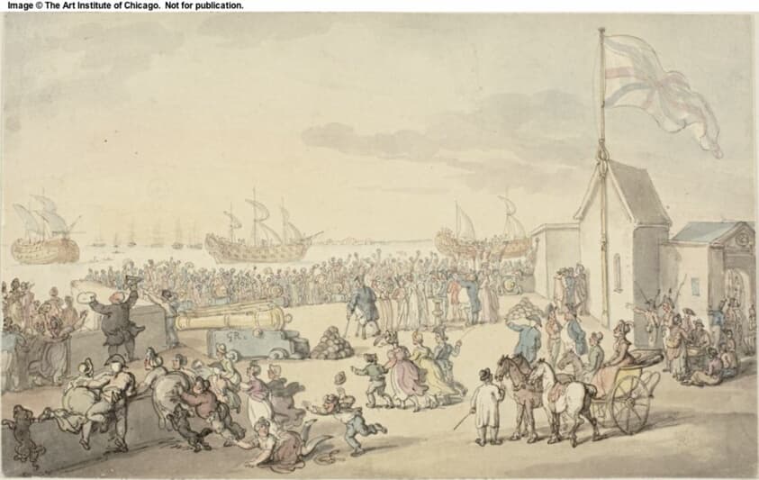 View of Prizes Taken by Lord Howe Coming in Portsmouth — Thomas Rowlandson