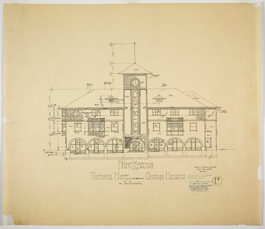 Victoria Hotel, Chicago Heights, Illinois, Front Elevation — Adler and Sullivan