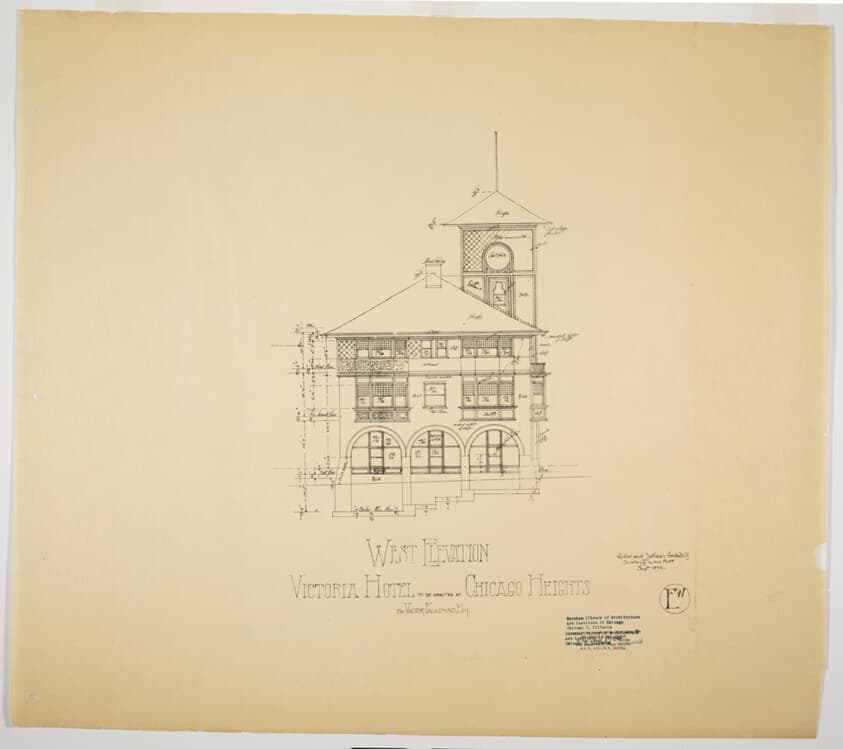 Victoria Hotel, Chicago Heights, Illinois, West Elevation — Adler and Sullivan