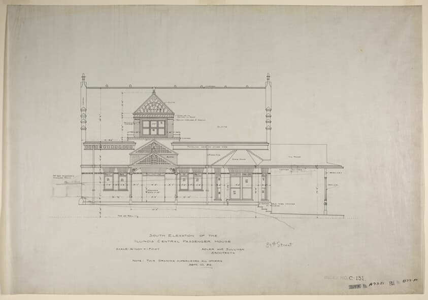 Illinois Central Railroad, Oakland Avenue Passenger Station, Chicago, Illinois, South Elevation — Adler and Sullivan