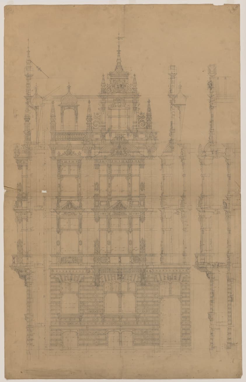 Elevation Study for a Building, Elevation and Sections — Peter Joseph Weber
