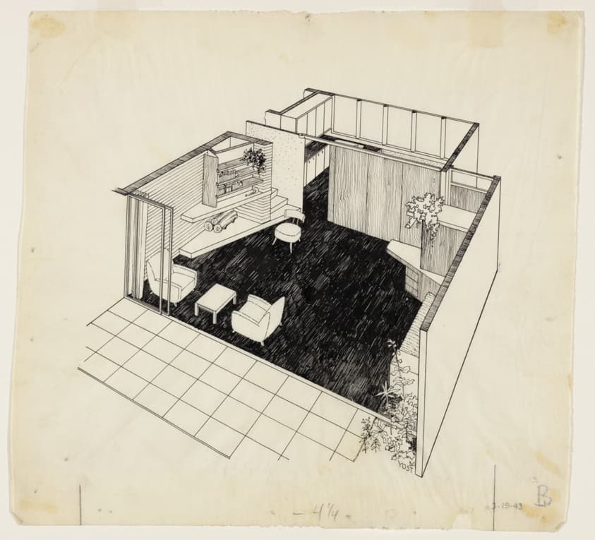 Small Homes Guide, Interior Studies with Moveable Partition, Design Drawing — Lloyd Morgan Yost