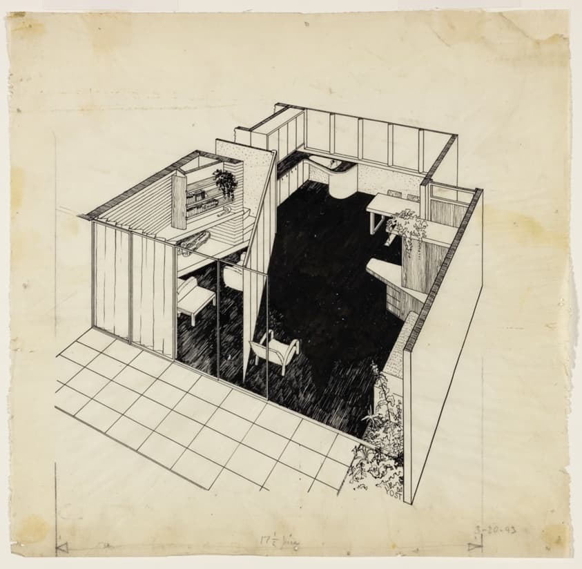 Small Homes Guide, Interior Studies with Moveable Partition, Cutaway Interior Perspective — Lloyd Morgan Yost