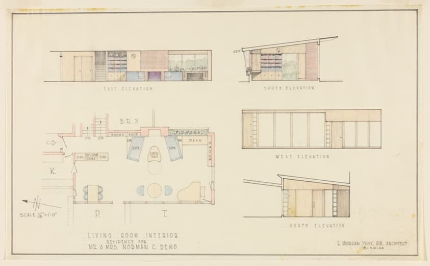 Norman C. Deno House, Highland Park, Illinois, Plan and Elevations — Lloyd Morgan Yost