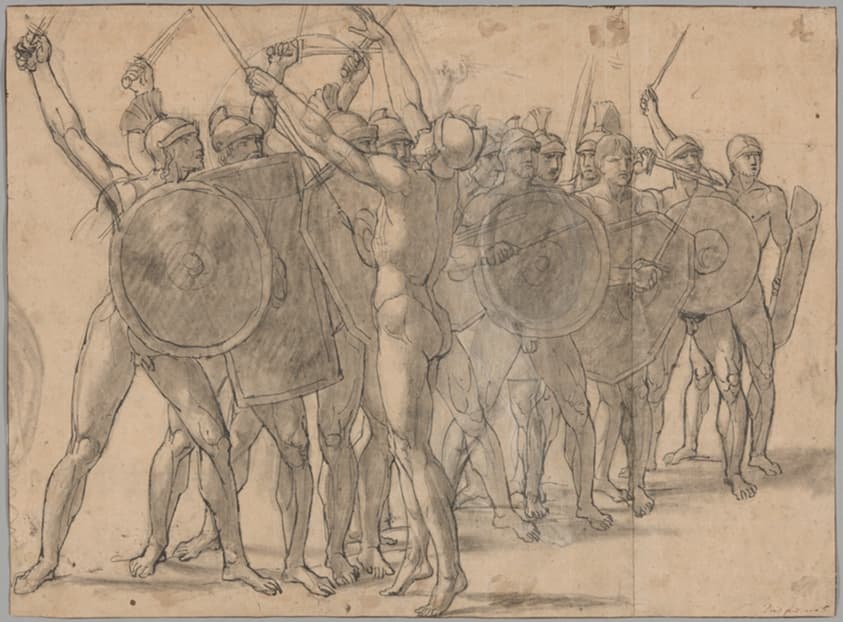Nude Soldiers Gesticulating with Their Weapons (recto); Two Drapery Studies for the Figure of Tatius (verso) — Jacques-Louis David