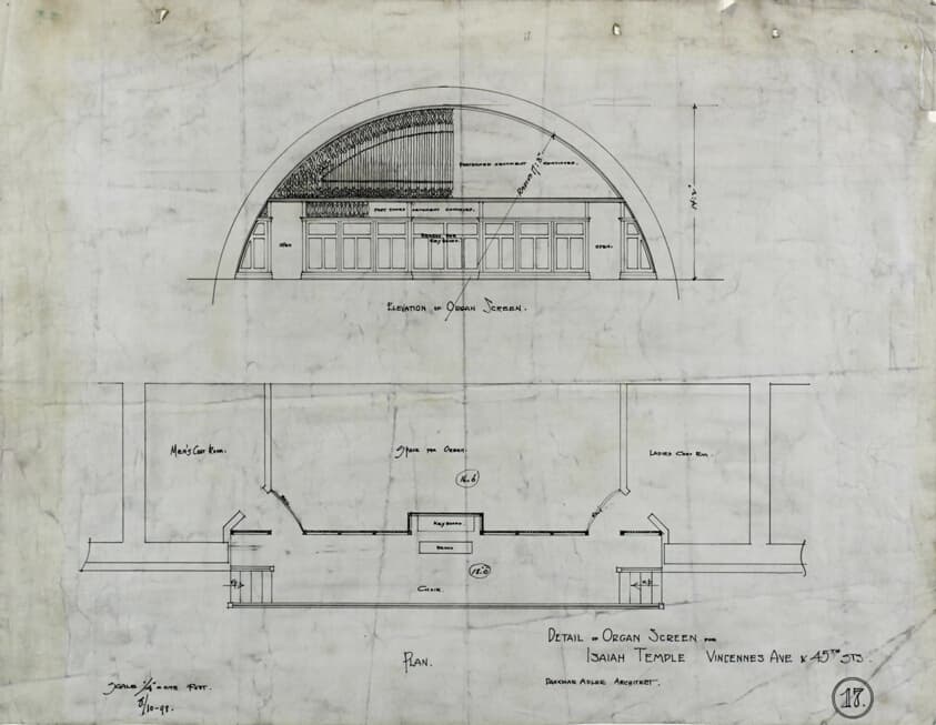 Isaiah Temple, Chicago, Illinois, Organ Screen Plan and Elevation — Dankmar Adler