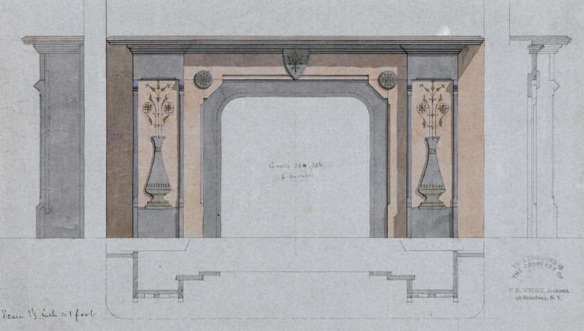 Mantel for Milan Hulbert House, Brooklyn, New York, Elevation and Section — Peter Bonnett Wight