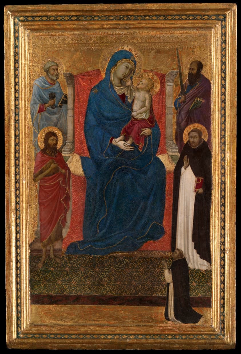 Virgin and Child Enthroned with Saints Peter, Paul, John the Baptist, and Dominic and a Dominican Supplicant — Attributed to Ugolino di Nerio (Italian, active 1317–1339/49)