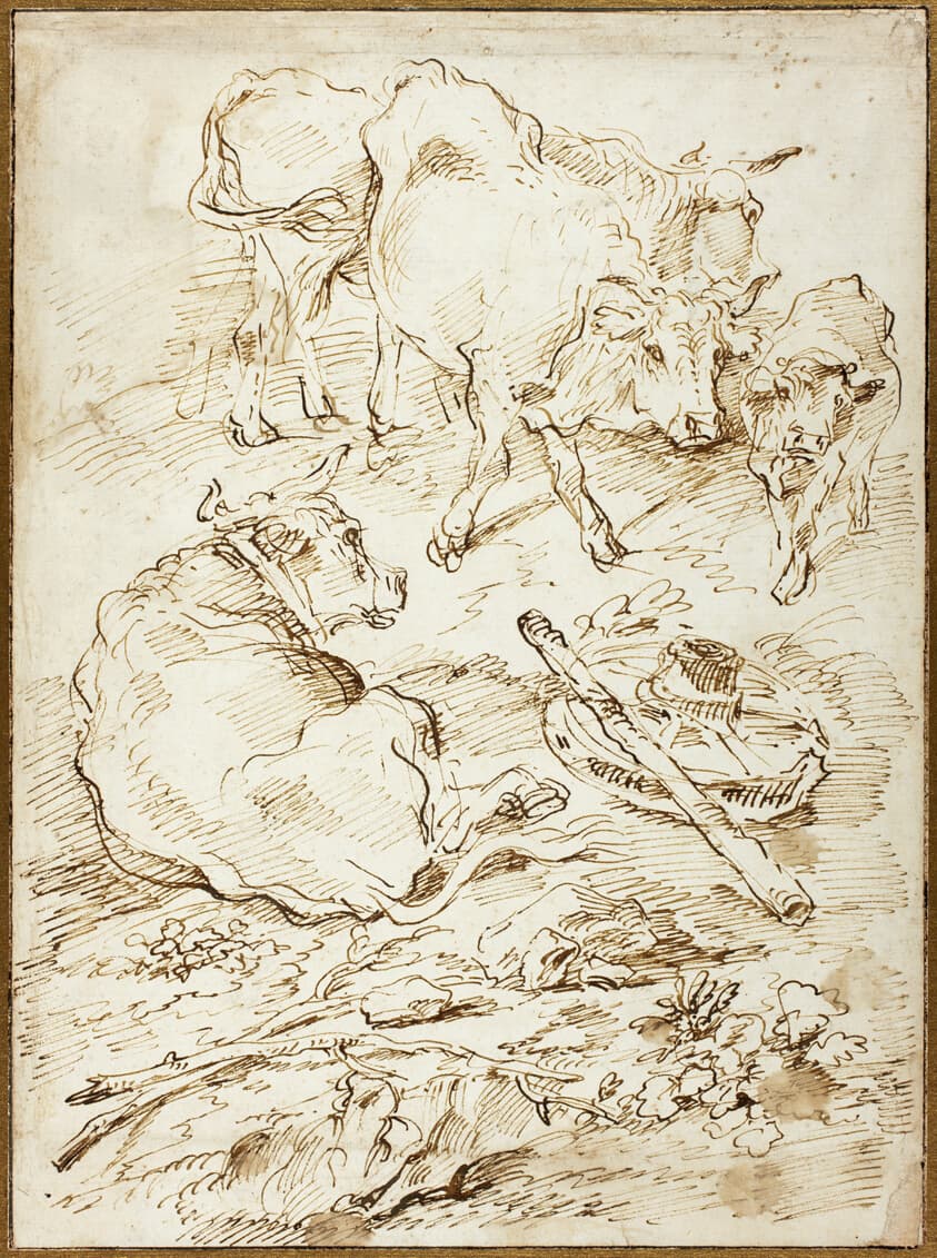 Cattle Beside Cart Wheel — Giovanni Francesco Castiglione