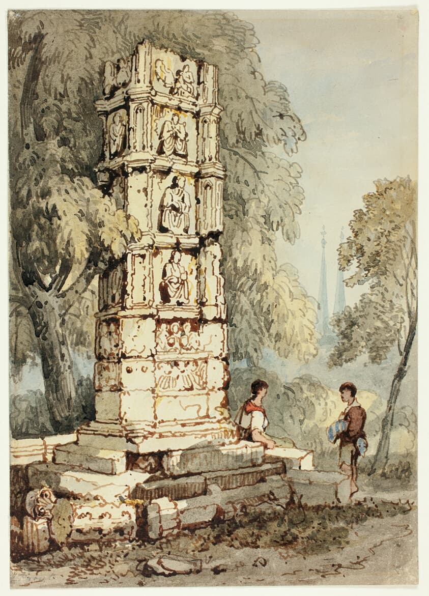 Two Figures Beside Medieval Ruins, with Church in Distance — Samuel Prout