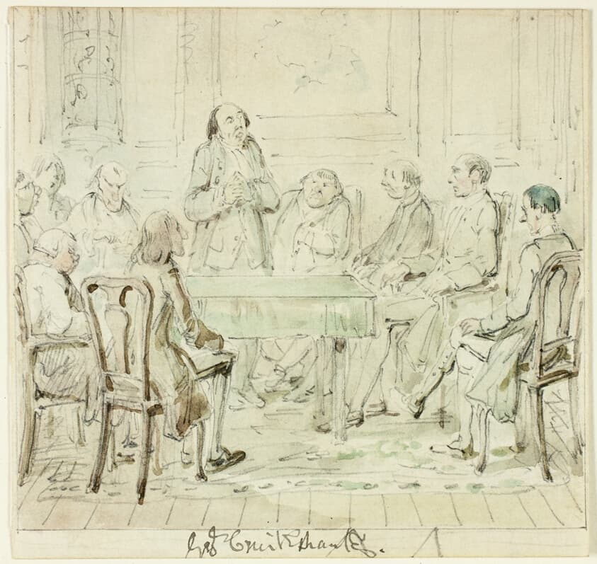 The Assembly of the Gifted: Mr.Bullock Addresses His Friends — George Cruikshank