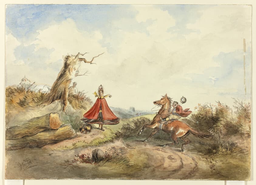Horse with Rider Shying Away From Woman with Dog — Hablot Knight Browne