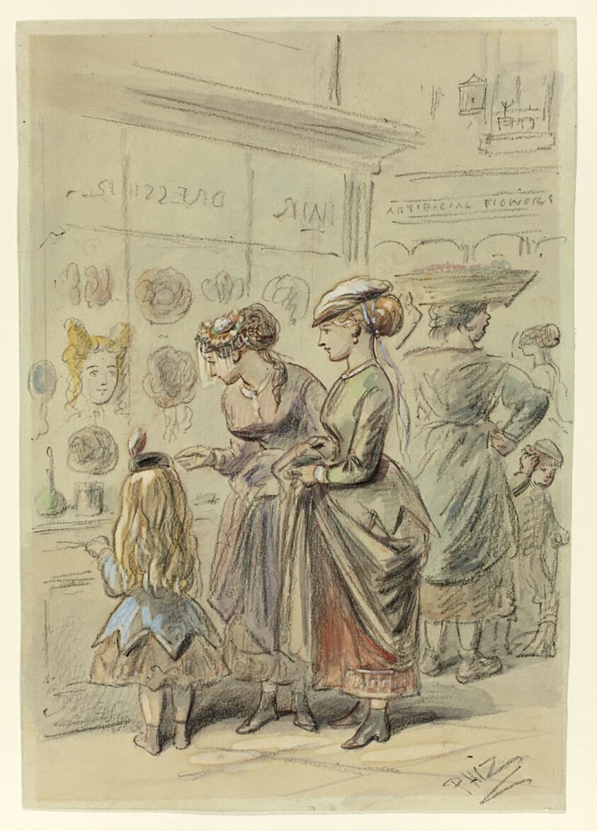 Two Ladies and Little Girl Before Hairdresser's Shop — Hablot Knight Browne