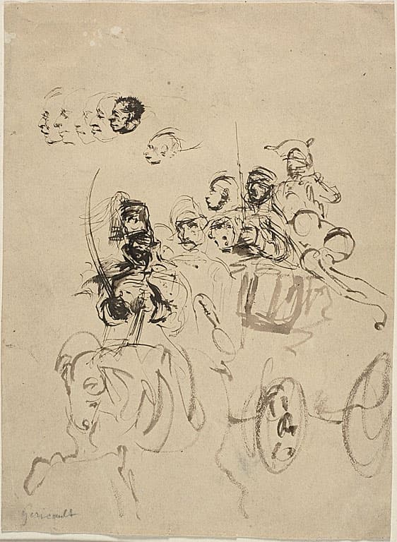 Napoleonic Army Coach with Sketches of Heads — Jean Louis André Théodore Géricault