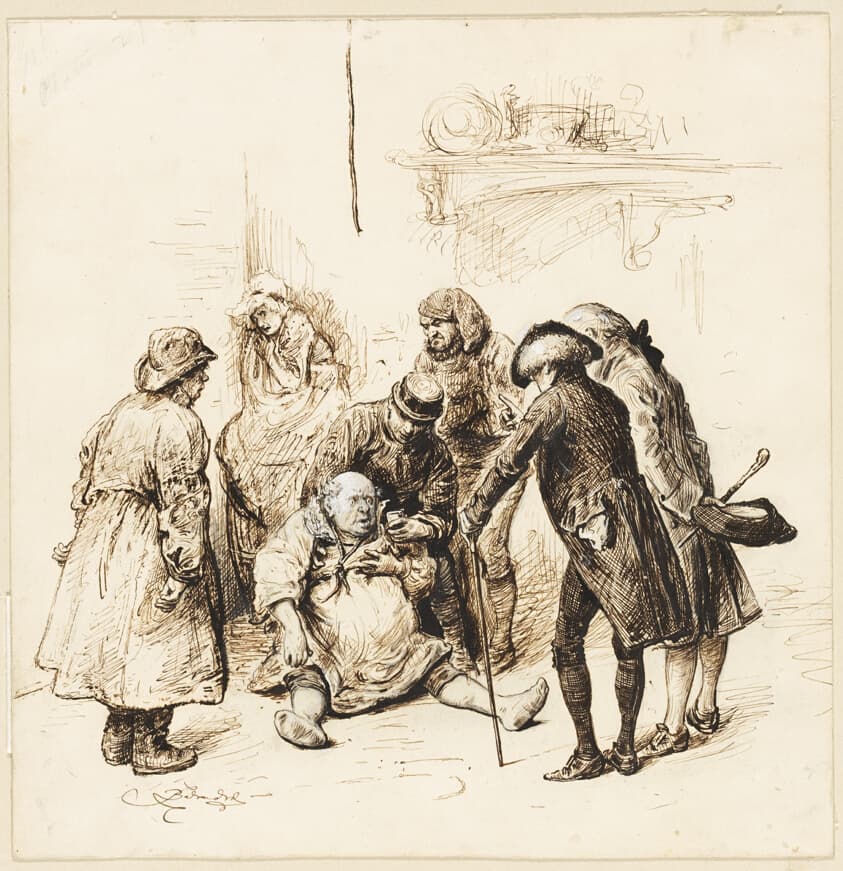 Two Gentlemen Helping a Drunk — Frederick Barnard