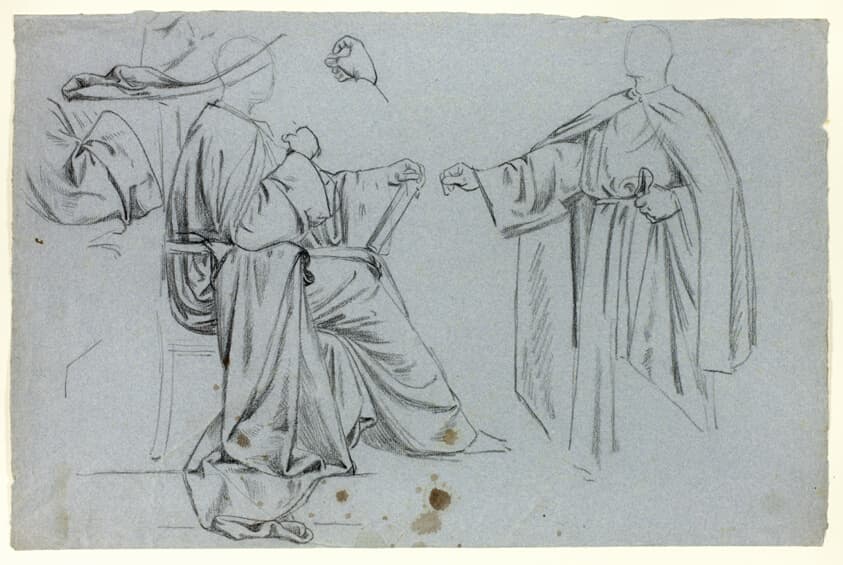 Sketches of Seated and Standing Monks, Drapery, and a Hand — Henry Stacy Marks