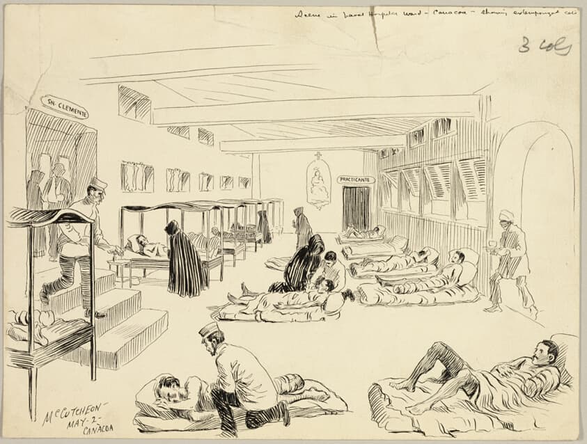 Scene in Naval Hospital Ward, Canacoa Showing Extemporized Cots — John Tinney McCutcheon