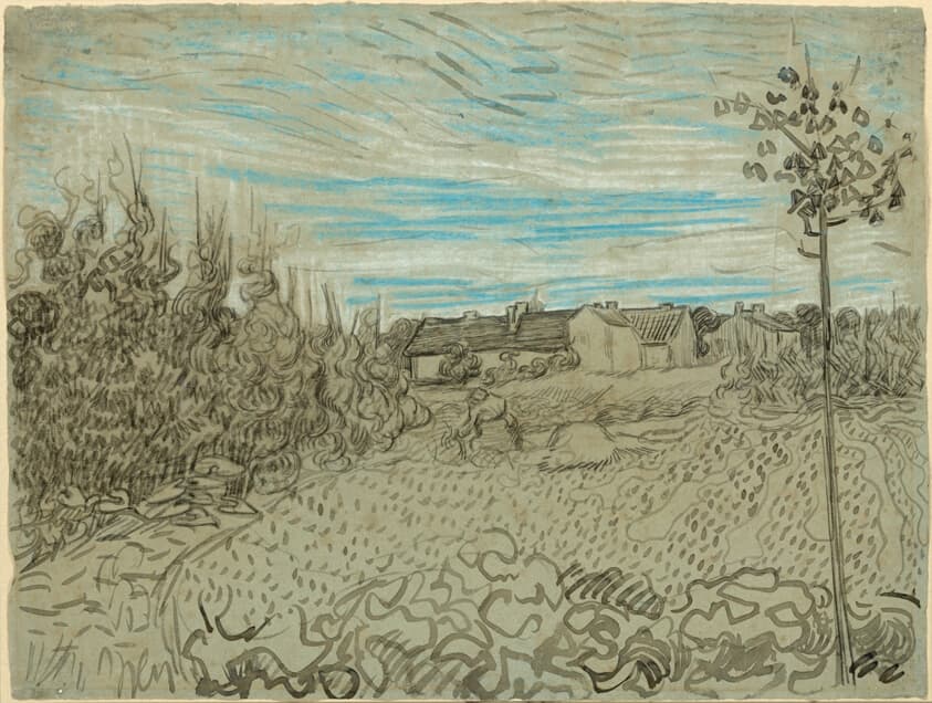 Cottages with a Woman Working in the Middle Ground — Vincent van Gogh