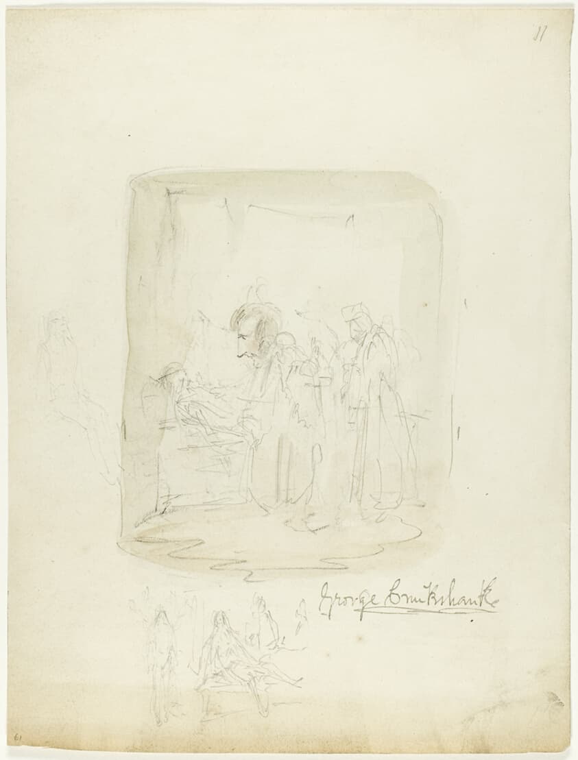 Sheet of Sketches with Self-Portrait — George Cruikshank
